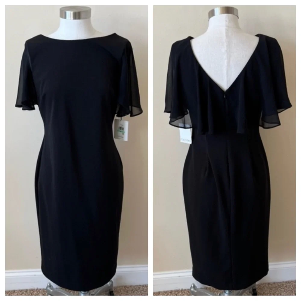 New! Calvin Klein chiffon sleeve black sheath dress nwt 819
